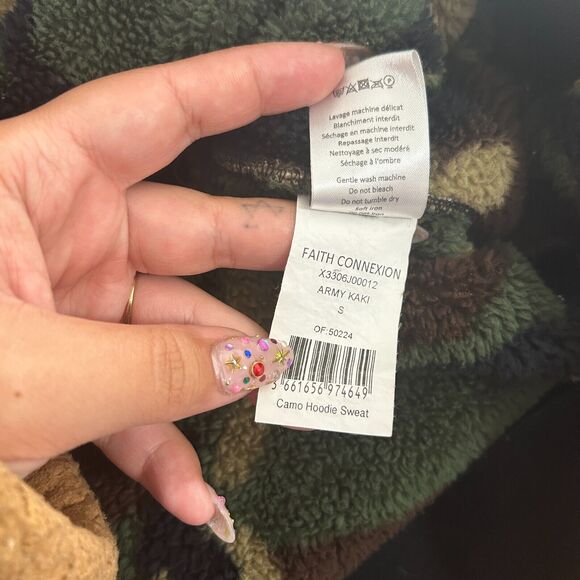 Faith Connexion Camo Sherpa Zip Hoodie Jacket Split Kangaroo Pocket Lace Side SM - Picture 12 of 15